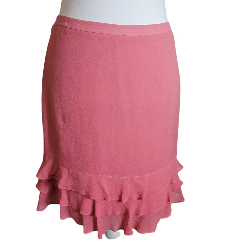 Express Pink 100% Silk Pencil Skirt Sz 6 Tier Ruffle Hem Lined Barbie Workwear